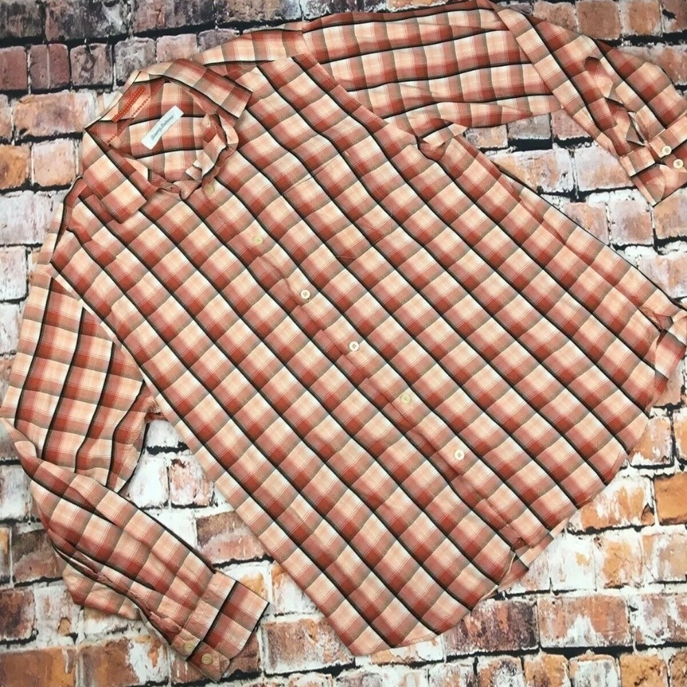 Tommy Bahama Coral Grey Plaid Button Down Shirt M